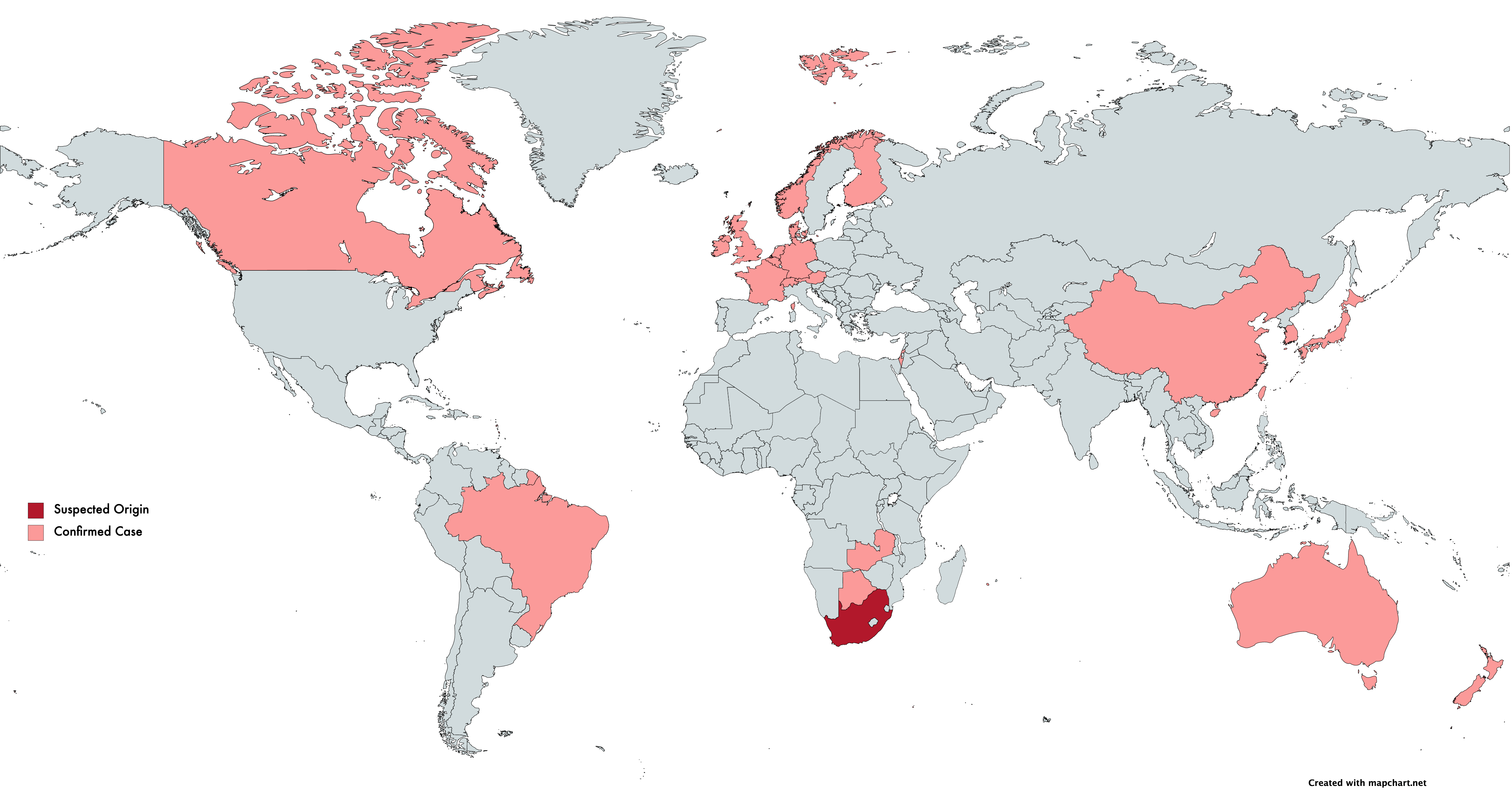 Map showing spread of South African variant of SARS-CoV-2 Map showing spread of South African variant of SARS-CoV-2