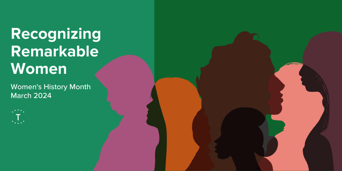 Cartoon silhouettes of women of various colors, set against a green background with the text "Recognizing Remarkable Women"