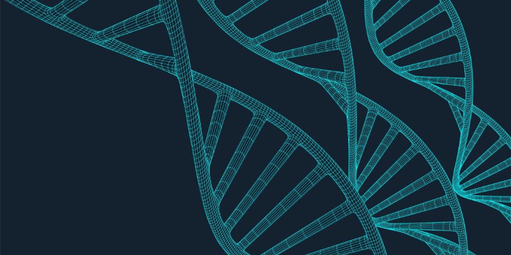 Digital rendering of three semi-transparent green DNA helices, set against a deep bluish green background